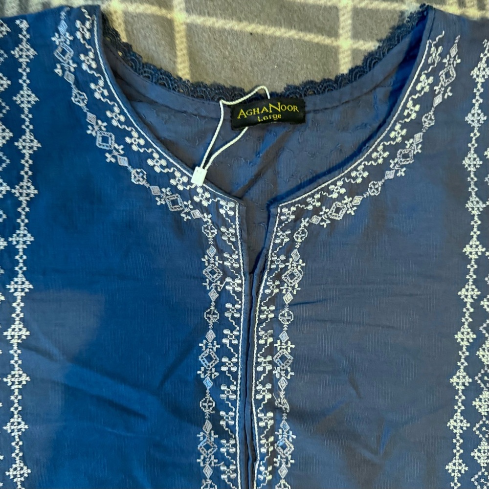 Agha Noor Pakistani Kurta Blue Broshia Cotton Fully Embroidered Front Size Large - Picture 3 of 8